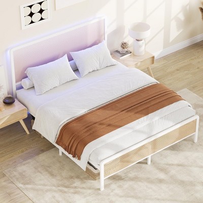Queen Size White Metal Frame Bed with Rattan Upholstered Headboard