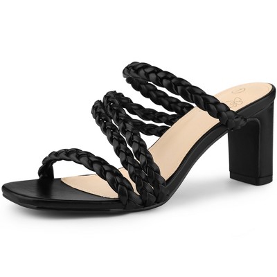 Perphy Women's Square Toe Braided Strap Slip-On Chunky Heels Sandals