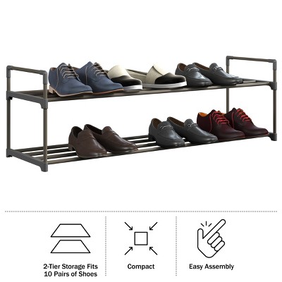 Black Stackable 2-Tier Metal and Plastic Shoe Rack