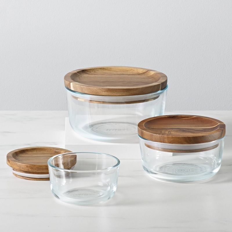 Pyrex 6pc Glass Round Food Storage Container Set with Wooden Lids, 4 of 9