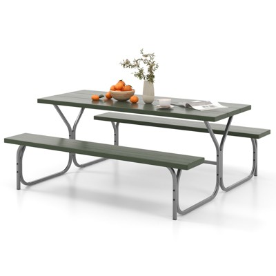 Tangkula Picnic Table Bench Set for 8 Person Outdoor Camping Table & 2 Benches with Metal Frame All-Weather Tabletop Black/Grey/Green/White