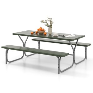 Tangkula Picnic Table Bench Set for 8 Person Outdoor Camping Table & 2 Benches with Metal Frame All-Weather Tabletop Black/Grey/Green/White - 1 of 4