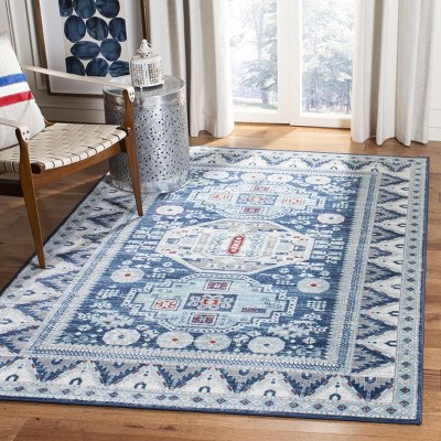 Blue and Cream Rectangular Synthetic Traditional Rug