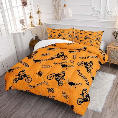 Acoinel 3 Pcs Motorcycle Lightwight Ultra Soft Comforter Set with 2 Pillowcases, TWIN, Orange