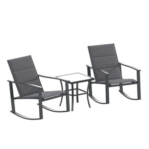 Emma and Oliver 3 Piece Outdoor Rocking Chair Patio Set with Flex Comfort Material and Metal Framed Glass Top Table - 1 of 4