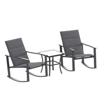 Emma and Oliver 3 Piece Outdoor Rocking Chair Patio Set with Flex Comfort Material and Metal Framed Glass Top Table