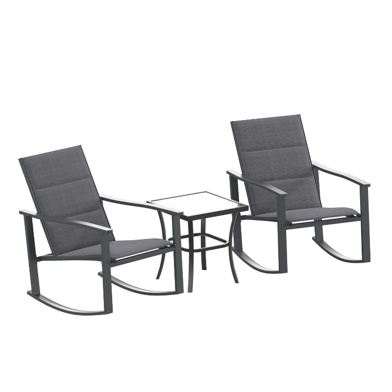 Merrick Lane 3 Piece Outdoor Bistro Set with Flex Comfort Rocking Chairs and Steel Framed Glass Top Table, 1 of 13