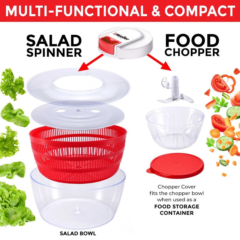 Mueller Salad Spinner with QuickChop Pull Chopper - Red, 4 of 9
