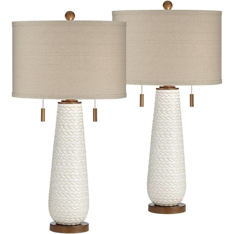 Possini Euro Design Kingston Modern Mid Century Table Lamps 32 3/4" Tall Set of 2 White Textured Ceramic Taupe Drum Shade for Bedroom Living Room Home, 1 of 10