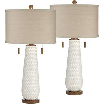 Possini Euro Design Kingston Modern Mid Century Table Lamps 32 3/4" Tall Set of 2 White Textured Ceramic Taupe Drum Shade for Bedroom Living Room Home