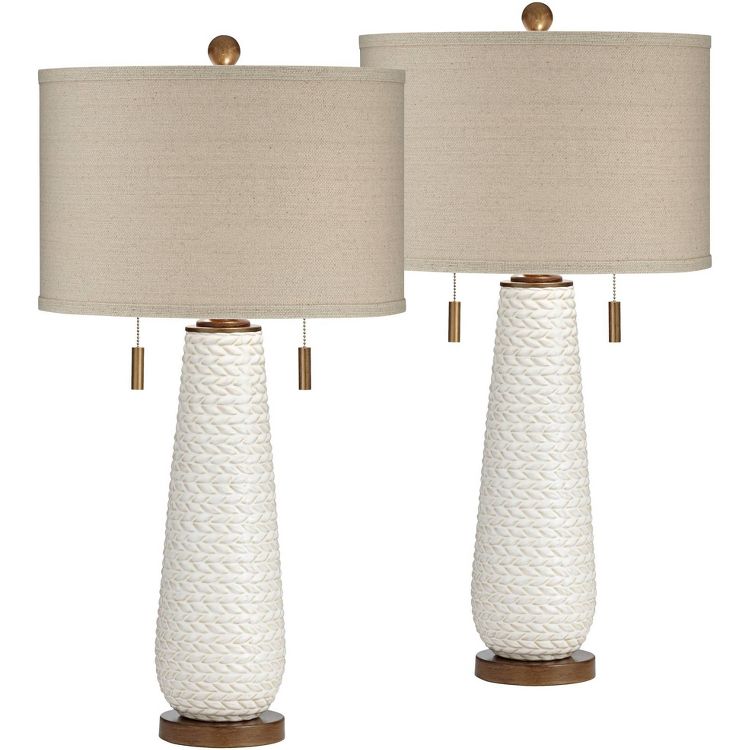 Possini Euro Design Kingston Modern Mid Century Table Lamps 32 3/4" Tall Set of 2 White Textured Ceramic Taupe Drum Shade for Bedroom Living Room Home, 1 of 9