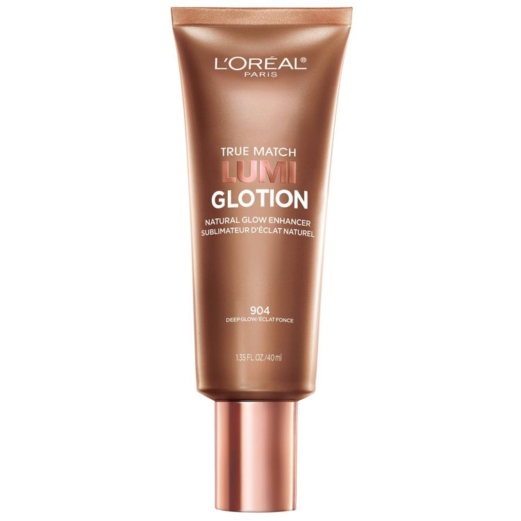 Bronze colored tube of L'Oréal Paris True Match Lumi Glotion with "Natural Glow Enhancer" and "904 Deep Glow" text, containing 1.35 FL OZ (40 ml).