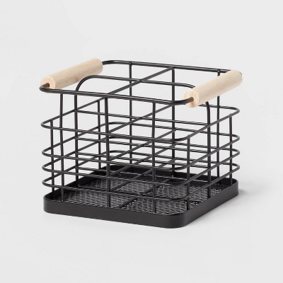 Divided Wire Caddy Basket with Wood Handle Black - Brightroom&#8482;