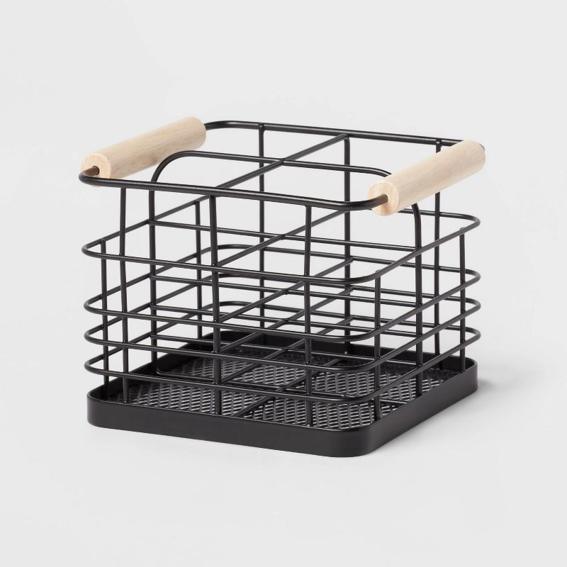 Divided Wire Caddy Basket with Wood Handle Black - Brightroom&#8482;, 1 of 5