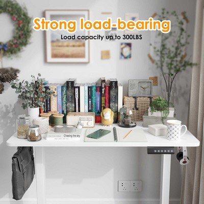 Graphic highlighting strong load-bearing capacity up to 300 lbs with desk setup
