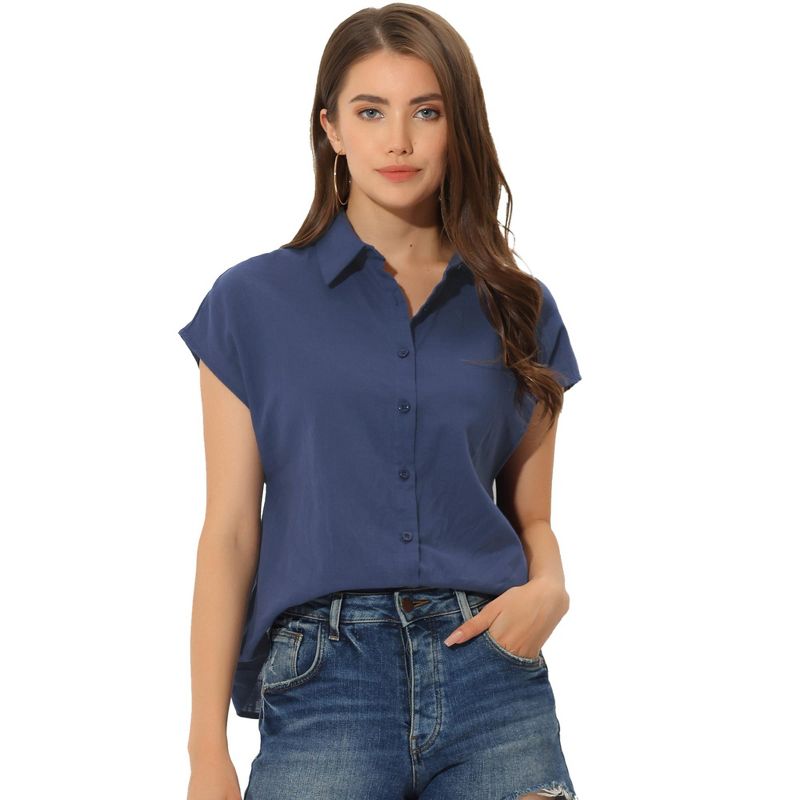 Allegra K Women's Casual Summer Linen Button Down Cap Sleeve Cotton Collar Shirts, 1 of 6