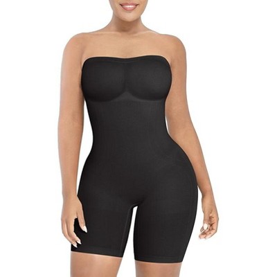 SHAPELLX Women's Shapewear Bodysuits Tummy Control Butt Lifter Body Shaper Strapless Seamless Mid Thigh Jumpsuit Tops—Black 38