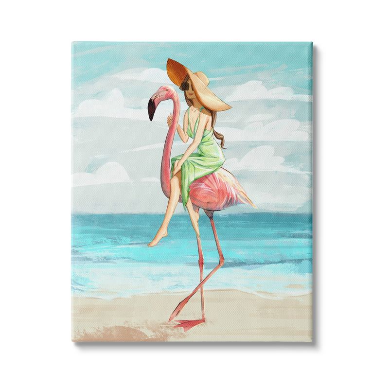 Stupell Industries Beach Woman Riding Pink Flamingo Tall Tropical Bird, 1 of 5