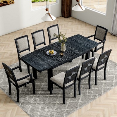VYNXARIA Rustic Extendable 84inch Dining Table Set, 6 Upholstered Armless Dining Chairs and 2 Padded Arm Chairs, 9 Pieces, Black