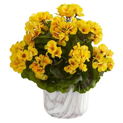 Geranium Artificial Plant in Marble Finished Vase Yellow - Nearly Natural