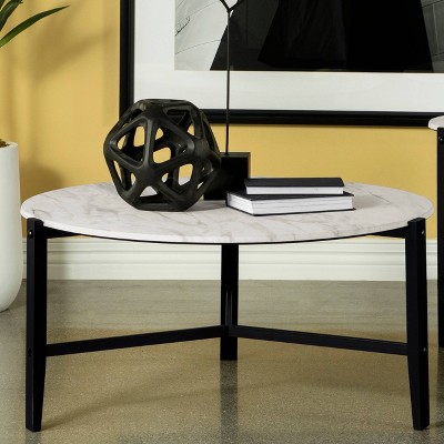 Transitional 36'' Round Coffee Table with Black Metal and White Marble