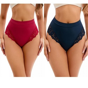 INSPIRE CHIC 2 Pcs Women's Lace Trim High-Waisted Briefs Tummy Control Underpants - 1 of 4