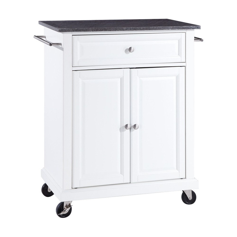 Solid Black Granite Top Portable Kitchen Cart/Island - White - Crosley: Hardwood Storage, Adjustable Shelf