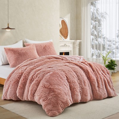 Pink Faux Fur Queen Comforter Set with Microfiber