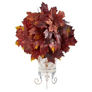 Nearly Natural 20-in Autumn Maple Leaf Artificial Plant in Metal Planter, Burgundy - 1 of 3