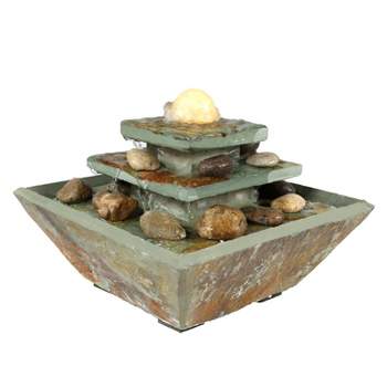 Sunnydaze Indoor Home Office Slate and Polished Stone Ball Tiered Tabletop Water Fountain with LED Light - 8"
