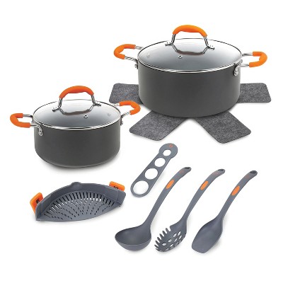 Nutrichef 17 Piece Non-Stick Cookware Set, Pots & Pans with Foldable Knob, Space Saving, Stackable, Nylon Tools Set, Induction Base, Gray