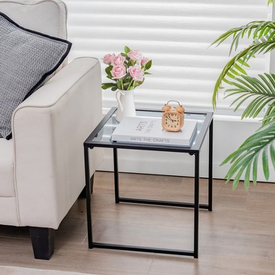 Black Tempered Glass and Metal Square Side Table