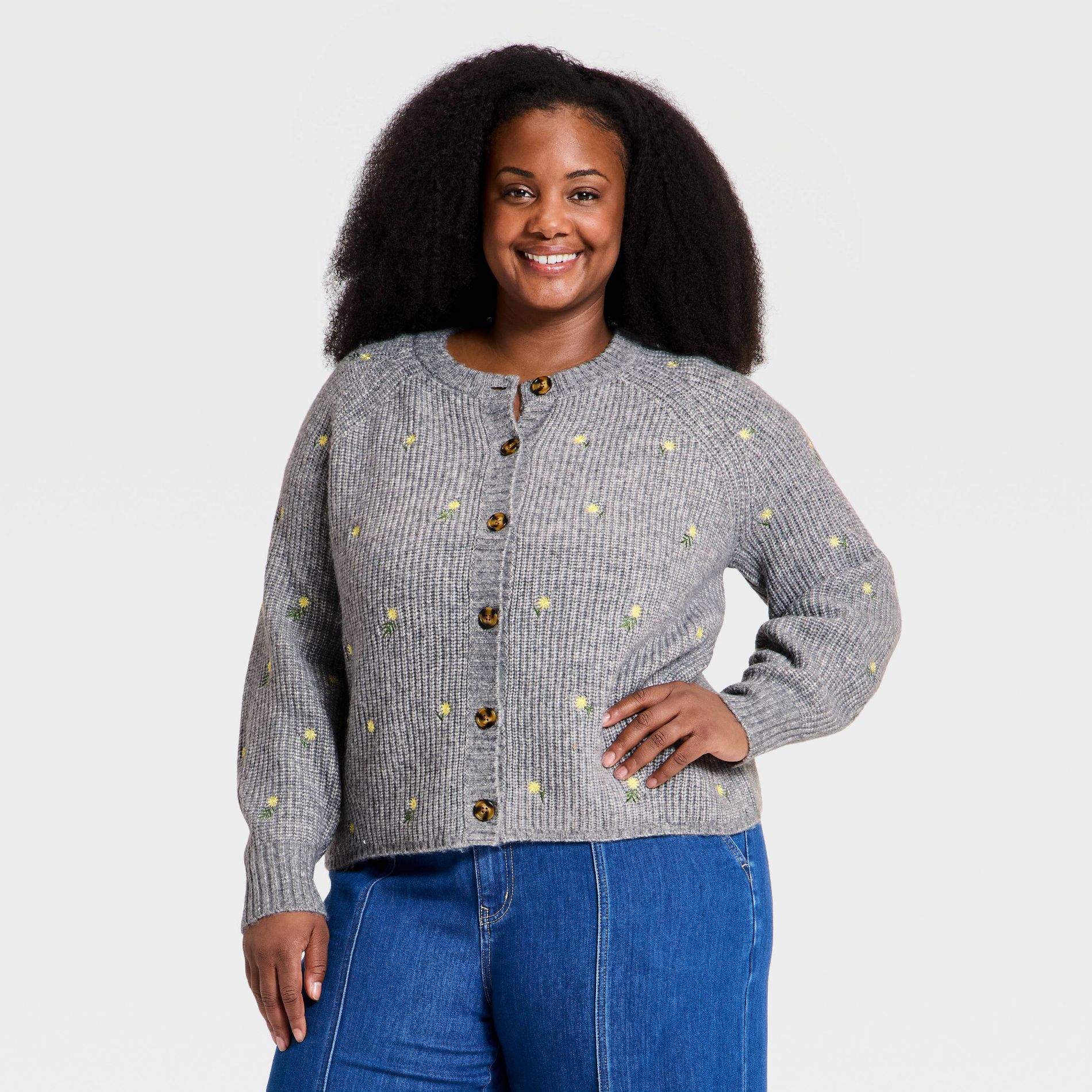 Women's Crewneck Shaker Stitch Sweater Cardigan - Ava & Viv™ Gray Floral