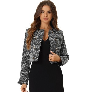 Allegra K Women's Tweed Plaid Contrast Collar Double Breasted Vintage Cropped Jackets - 1 of 4