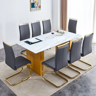 NicBex 9 Piece White Patterned Glass Dining Table Set with 8 Faux Leather Chairs for Dining Meeting Room