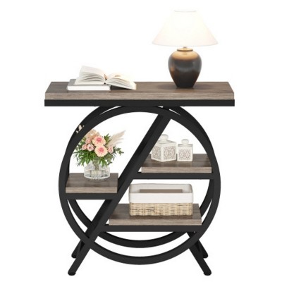 Syemin End Tables Industrial Narrow End Table with 3-Tier Storage Shelves, Modern Slim Industrial Sofa Side Table, Gray, 25.59"*11.81"*25.59"