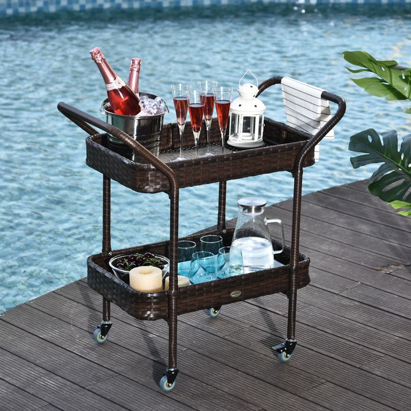 Outsunny Rattan Wicker Serving Cart with 2-Tier Open Shelf, Outdoor Wheeled Bar Cart with Brakes for Poolside, Garden, Patio, 3 of 9