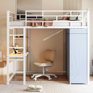 MAYEERTY Full Size Metal Loft Bed, Desk Shelves Power Outlet LED Light Wardrobe, Bedroom, White - 1 of 4