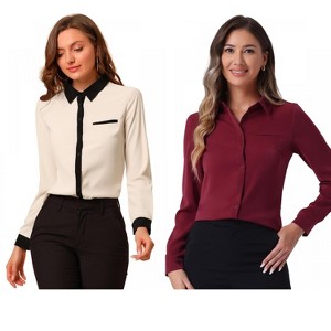 INSPIRE CHIC Women's Contrast Collar Chiffon Long Sleeve Work Office Blouse 2 Packs - 1 of 4