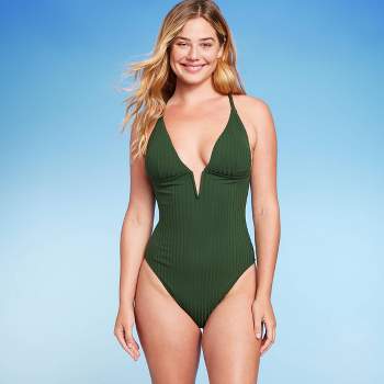 Women's Ribbed Plunge Front V-Wire One Piece Swimsuit - Shade & Shore™ Dark Green XL