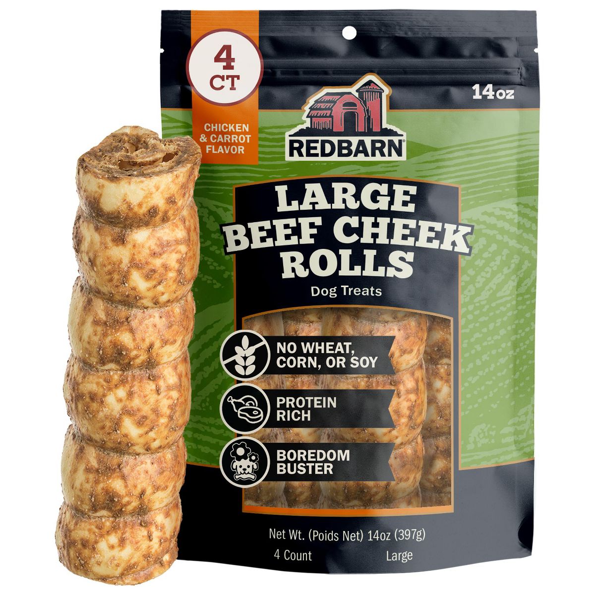 Redbarn Large Beef Cheek Rolls for Dogs - Long Lasting 100% Natural Chew