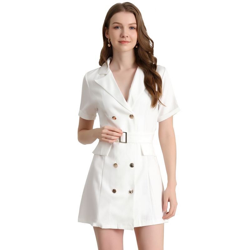 Allegra K Women's Solid Double-Breasted Turn-Down Collar Casual Work Belted Dress, 1 of 7