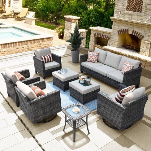 Ovios Tampa 8pc Wicker Outdoor Patio Furniture Conversation Sofa Set With Swivel Chairs And Orange Red Cushions Target