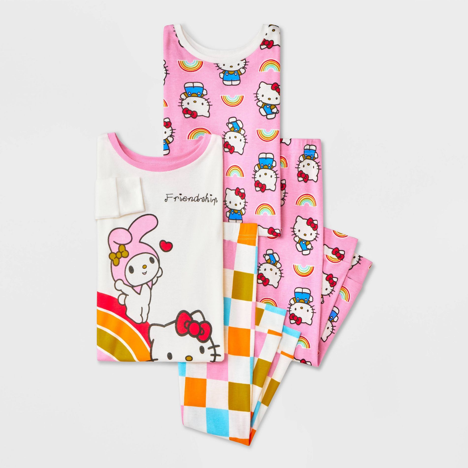 Toddler Girls' 4pc Hello Kitty Cotton Long Sleeve Rainbow Pajama Set - Pink/White 4T