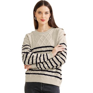 INSPIRE CHIC Women's Striped Pullover Crewneck Long Sleeve Cable Knitted Sweater - 1 of 4