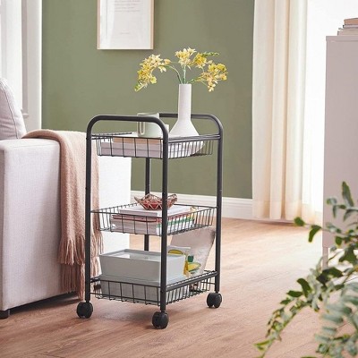 Black 3-Tier Metal Rolling Storage Cart with Removable Baskets