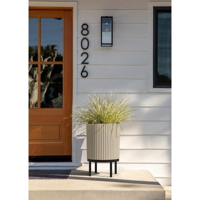 Sandstone and Black 16" Concrete-Composite Planter Set with Acacia Wood Stand
