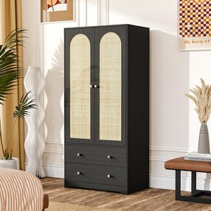 VINGLI Armoires Closet with Doors, Rattan Armoire Wardrobe Closet with Drawers & Hanging Rod, Armoire with Shelves, Wooden Wardrobe - 1 of 4