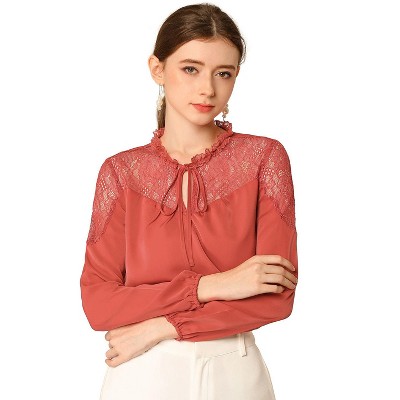 INSPIRE CHIC Women's Tie V Neck Lace Yoke Long Sleeve Chiffon Blouse