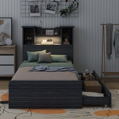 Streamdale Twin Size Storage Platform Bed Frame with 4 Open Storage Shelves and 2 Storage Drawers,LED Light,Gray